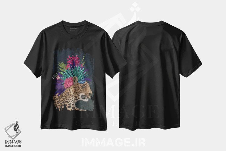تیشرت مشکی طرح دار پلنگ گلخانه ای ۱، دکور بوهمی اثر فب فانکی | immage.ir