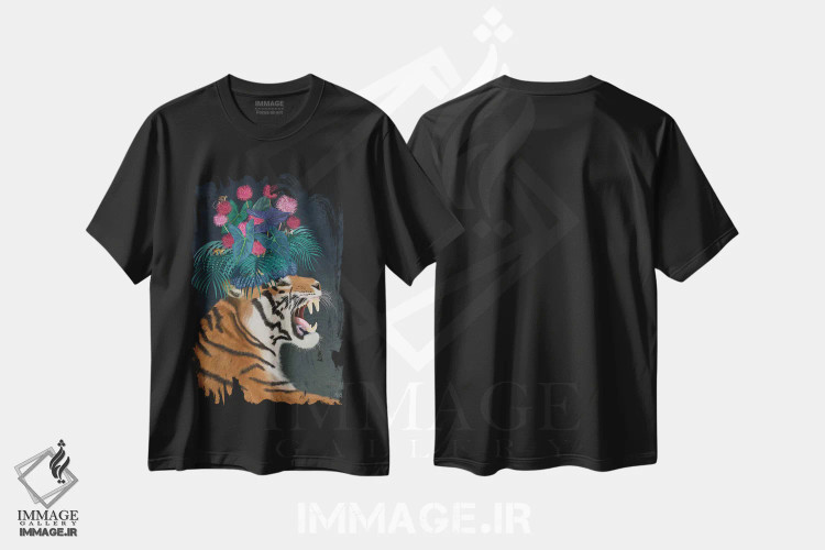 تیشرت مشکی طرح دار ببر گلخانه ای ۱، دکور بوهمی اثر فب فانکی | immage.ir