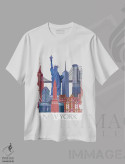 تیشرت سفید طرح دار مناظر شاخص نیویورک، قرمز و آبی ۲، دکور معاصر اثر فب فانکی | immage.ir