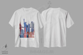 تیشرت سفید طرح دار مناظر شاخص نیویورک، قرمز و آبی ۲، دکور معاصر اثر فب فانکی | immage.ir