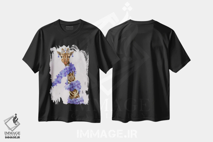 تیشرت مشکی طرح دار زرافه با بوآی بنفش ۱، دکور معاصر اثر فب فانکی | فروشگاه ایماژ