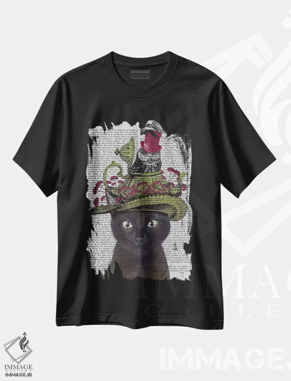 تیشرت مشکی طرح دار گربه سیاه با قوری و جغد ۱، هنر دیجیتال اثر فب فانکی | فروشگاه ایماژ