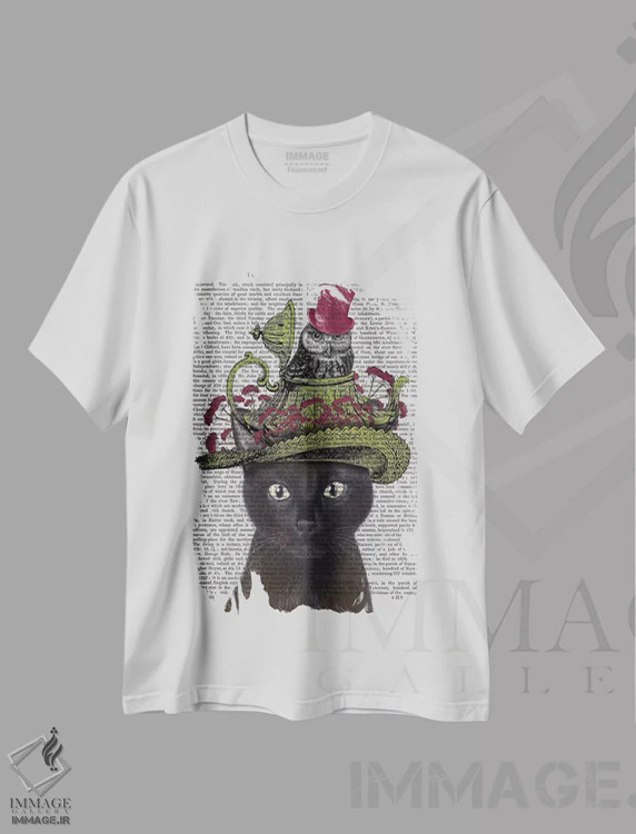تیشرت سفید طرح دار گربه سیاه با قوری و جغد ۱، هنر دیجیتال اثر فب فانکی | immage.ir