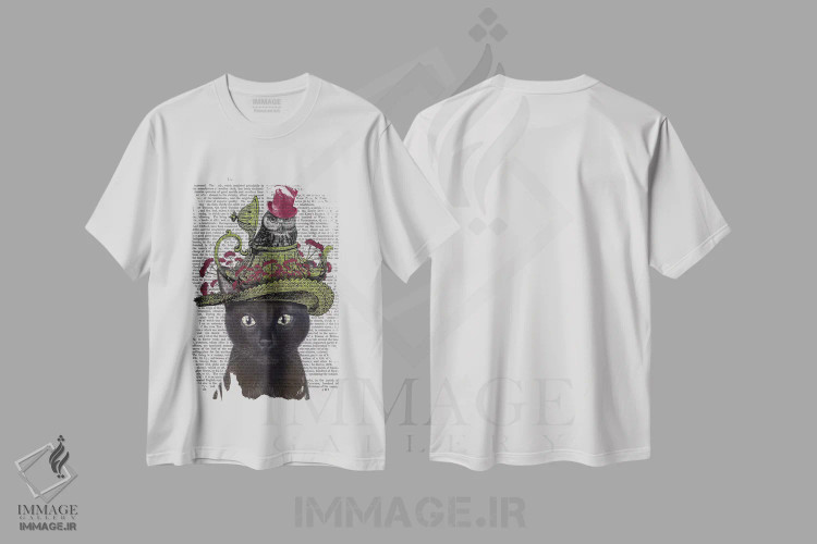 تیشرت سفید طرح دار گربه سیاه با قوری و جغد ۱، هنر دیجیتال اثر فب فانکی | immage.ir