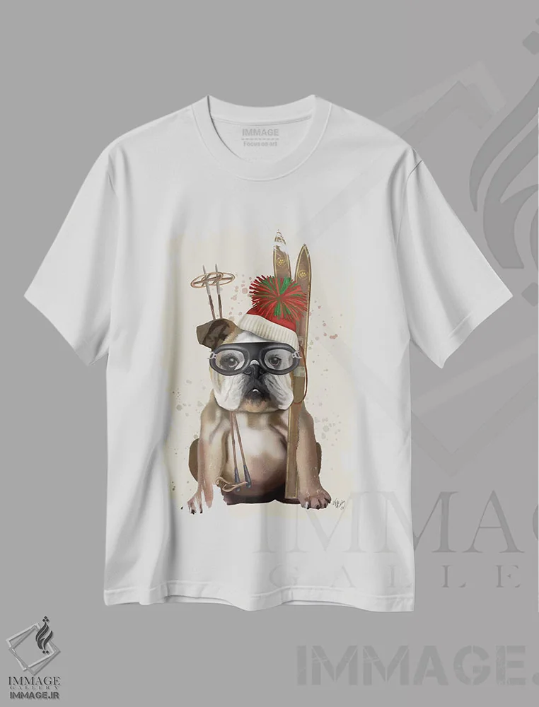 تیشرت سفید طرح دار بولداگ انگلیسی، اسکی، حیوانات کریسمسی اثر فب فانکی | immage.ir