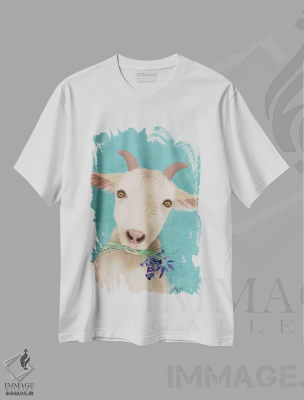 تیشرت سفید طرح دار بز و گل های ناقوسی آبی، تزئینی اثر فب فانکی | فروشگاه ایماژ
