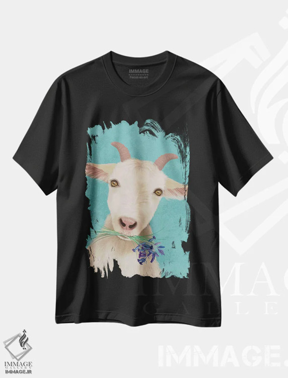 تیشرت مشکی طرح دار بز و گل های ناقوسی آبی، تزئینی اثر فب فانکی | immage.ir