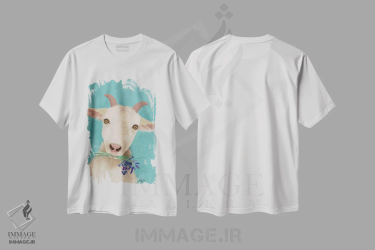 تیشرت سفید طرح دار بز و گل های ناقوسی آبی، تزئینی اثر فب فانکی | فروشگاه ایماژ