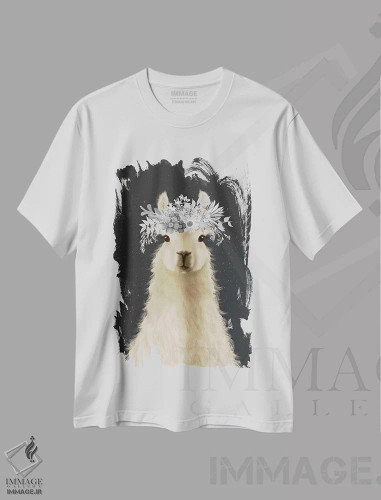 تیشرت سفید طرح دار لاما با گل های سفید، تزئینی اثر فب فانکی | فروشگاه ایماژ