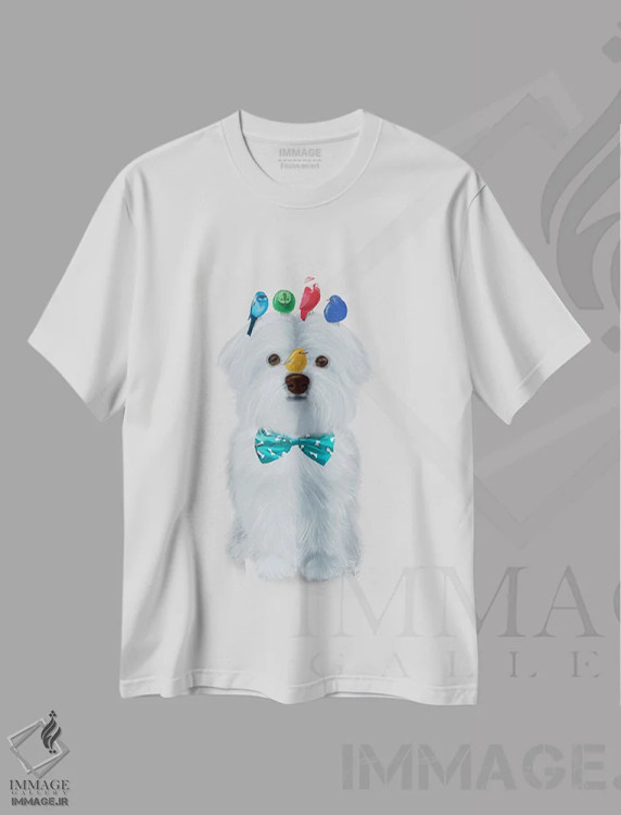 تیشرت سفید طرح دار سگ مالتیز و پرندگان، تزئینی اثر فب فانکی | immage.ir
