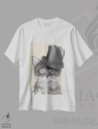 تیشرت سفید طرح دار گربه با کلاه استوانه ای ۲، هنر دیجیتال اثر فب فانکی | فروشگاه ایماژ
