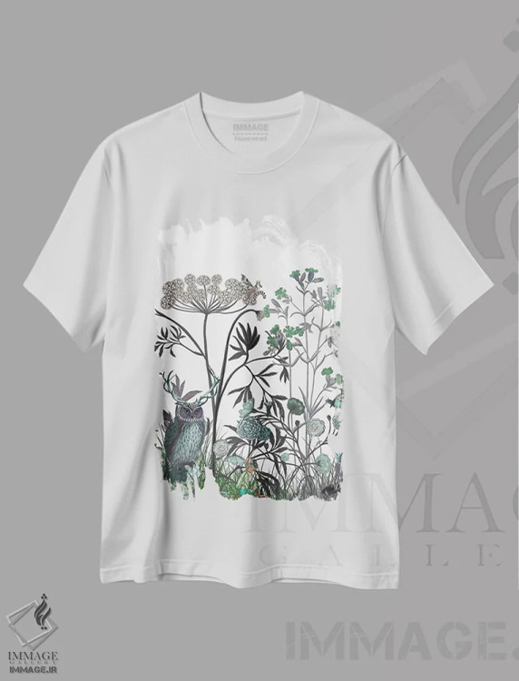 تیشرت سفید طرح دار شکوفه گل های وحشی با جغد، هنر دیجیتال اثر فب فانکی | immage.ir