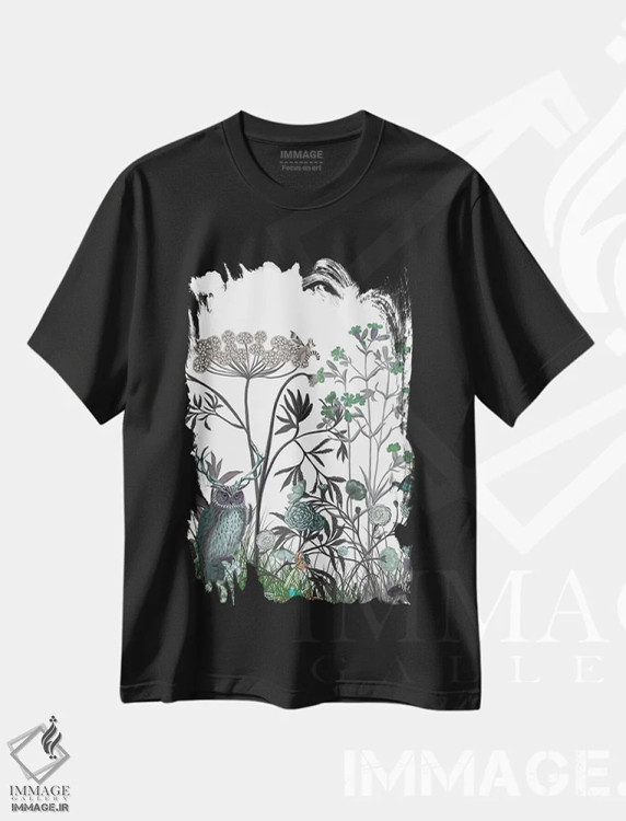 تیشرت مشکی طرح دار شکوفه گل های وحشی با جغد، هنر دیجیتال اثر فب فانکی | فروشگاه ایماژ