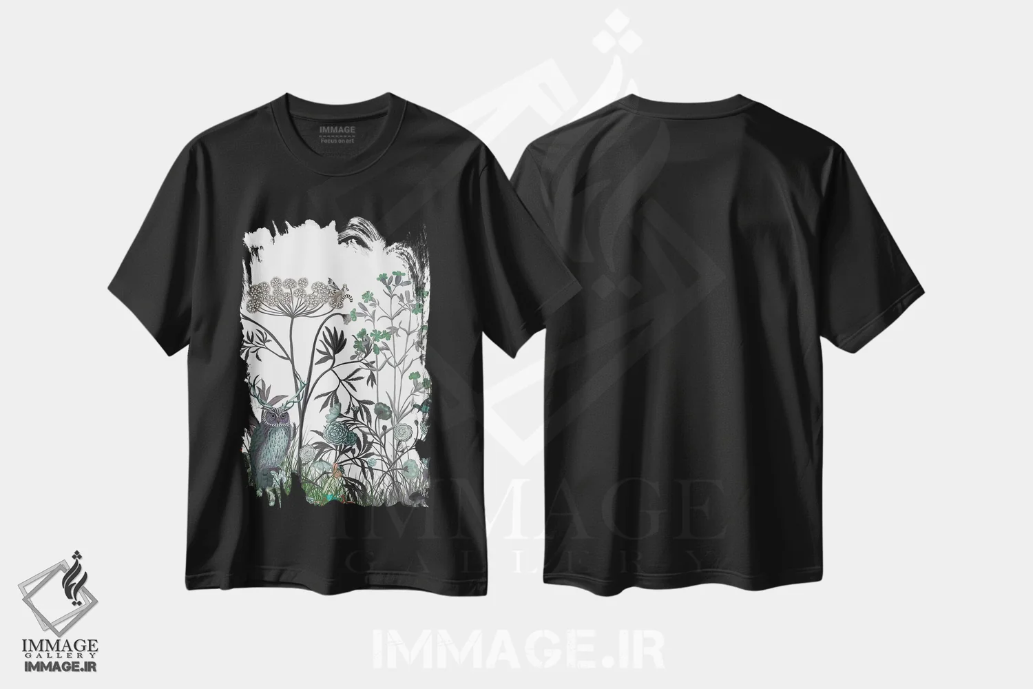 تیشرت مشکی طرح دار شکوفه گل های وحشی با جغد، هنر دیجیتال اثر فب فانکی | فروشگاه ایماژ