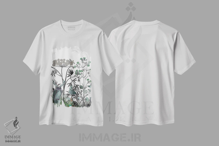 تیشرت سفید طرح دار شکوفه گل های وحشی با جغد، هنر دیجیتال اثر فب فانکی | immage.ir