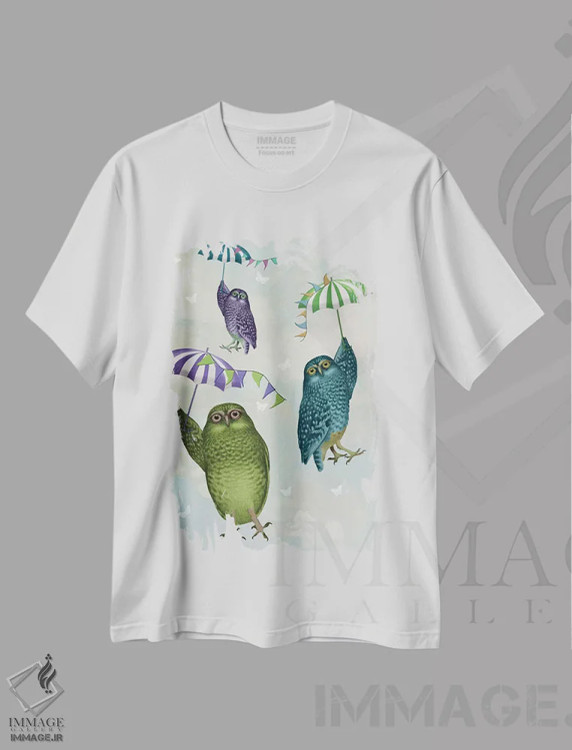 تیشرت سفید طرح دار جغدها با چتر ۲، هنر دیجیتال اثر فب فانکی | immage.ir