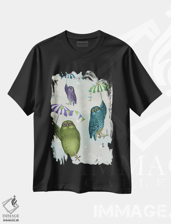 تیشرت مشکی طرح دار جغدها با چتر ۲، هنر دیجیتال اثر فب فانکی | فروشگاه ایماژ