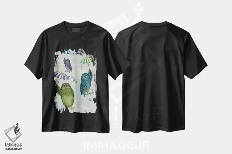 تیشرت مشکی طرح دار جغدها با چتر ۲، هنر دیجیتال اثر فب فانکی | فروشگاه ایماژ