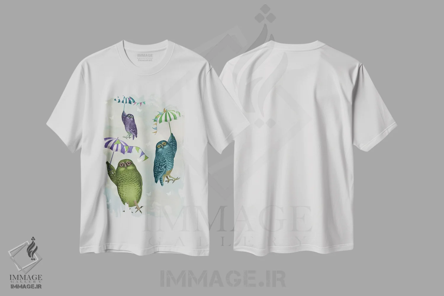 تیشرت سفید طرح دار جغدها با چتر ۲، هنر دیجیتال اثر فب فانکی | immage.ir