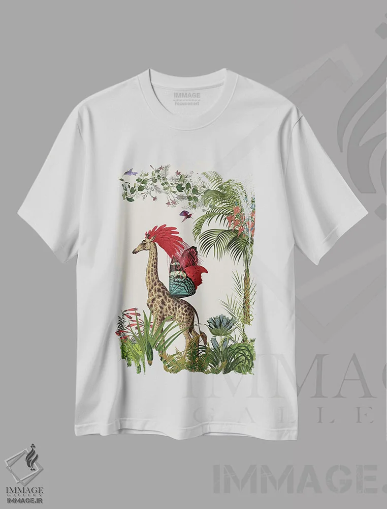 تیشرت سفید طرح دار زرافه استوایی ۴، دکور بوهمی اثر فب فانکی | فروشگاه ایماژ
