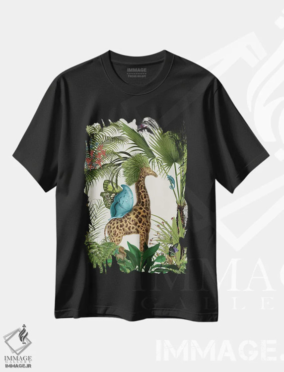 تیشرت مشکی طرح دار زرافه استوایی ۵، دکور بوهمی اثر فب فانکی | فروشگاه ایماژ