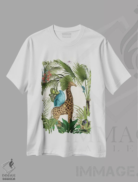 تیشرت سفید طرح دار زرافه استوایی ۵، دکور بوهمی اثر فب فانکی | immage.ir