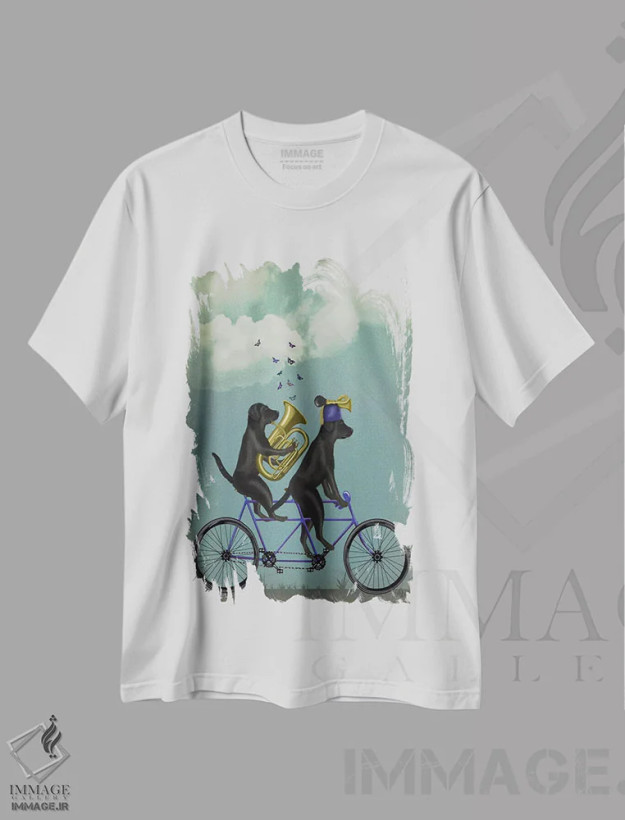 تیشرت سفید طرح دار لابرادور سیاه دوچرخه دونفره، هنر دیجیتال اثر فب فانکی | فروشگاه ایماژ