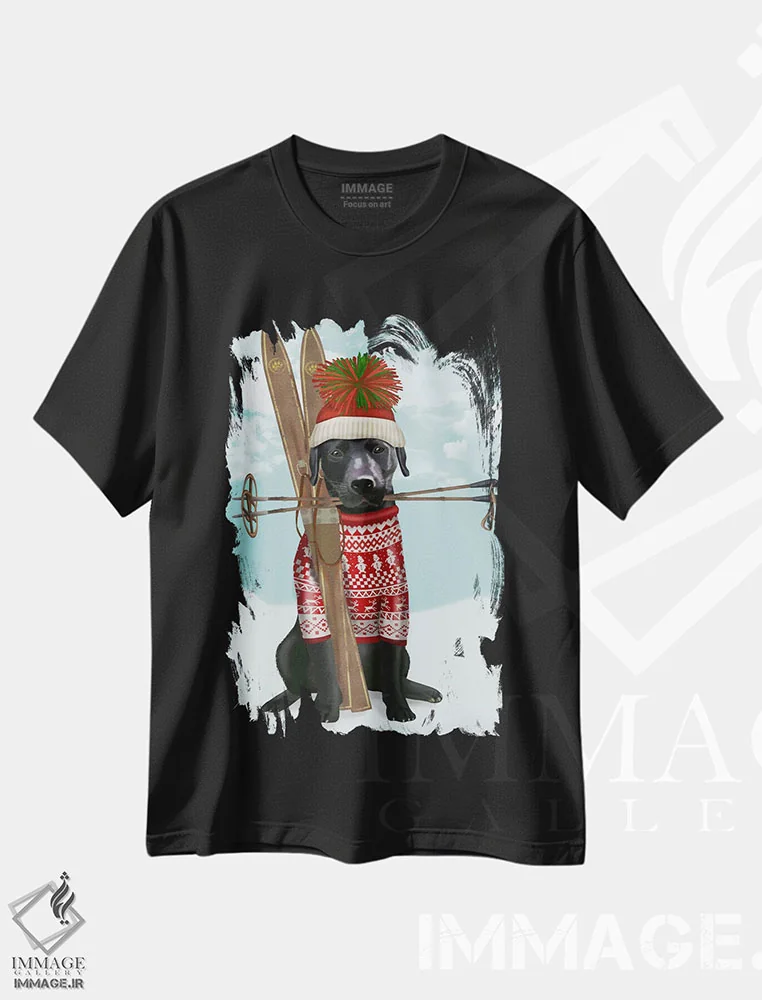 تیشرت مشکی طرح دار لابرادور سیاه، اسکی، حیوانات کریسمسی اثر فب فانکی | فروشگاه ایماژ