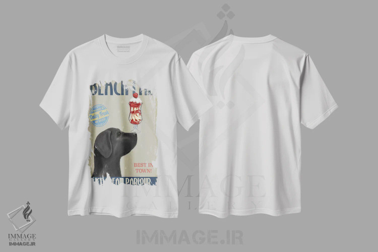 تیشرت سفید طرح دار لابرادور سیاه در بستنی فروشی، هنر دیجیتال اثر فب فانکی | immage.ir