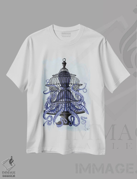 تیشرت سفید طرح دار اختاپوس آبی در قفس، تزئینی اثر فب فانکی | فروشگاه ایماژ