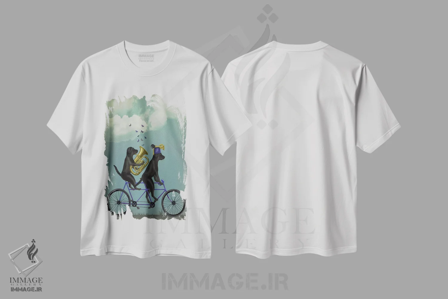تیشرت سفید طرح دار لابرادور سیاه دوچرخه دونفره، هنر دیجیتال اثر فب فانکی | فروشگاه ایماژ