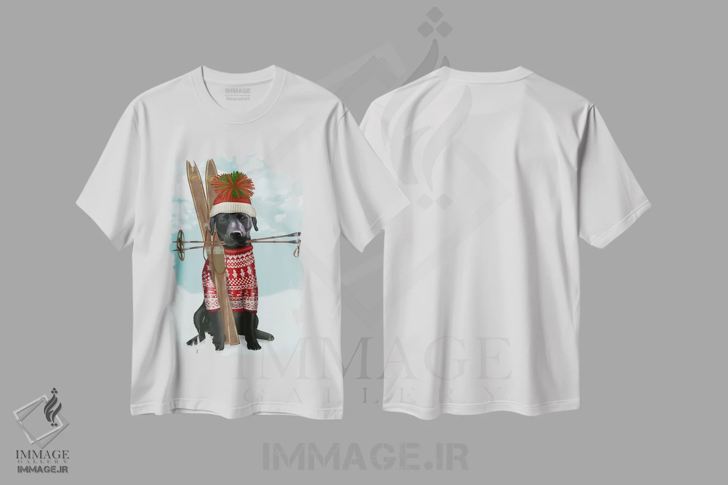 تیشرت سفید طرح دار لابرادور سیاه، اسکی، حیوانات کریسمسی اثر فب فانکی | immage.ir