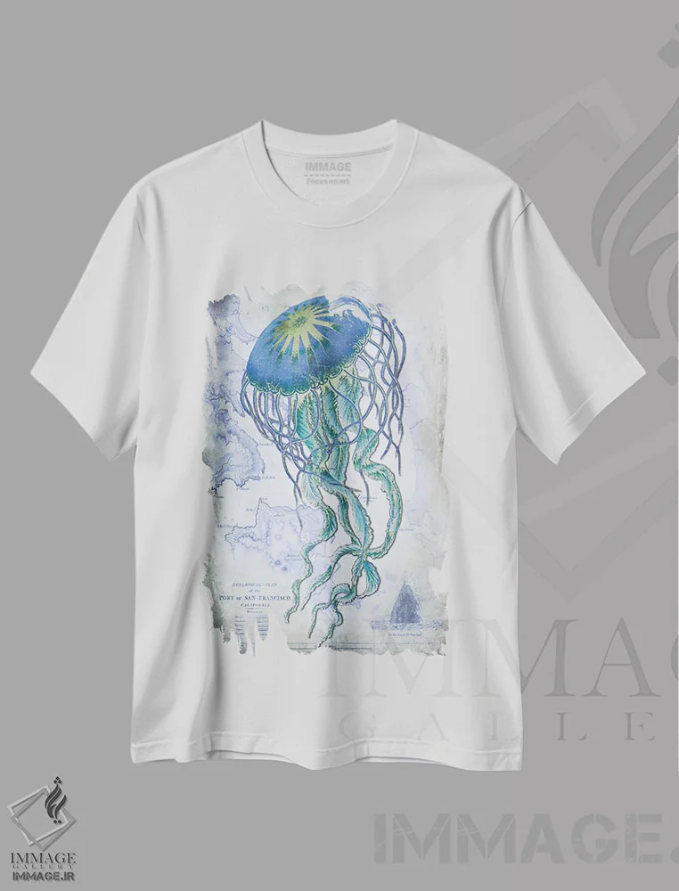 تیشرت سفید طرح دار عروس دریایی بر روی نقشه دریایی، هنر دیجیتال اثر فب فانکی | immage.ir