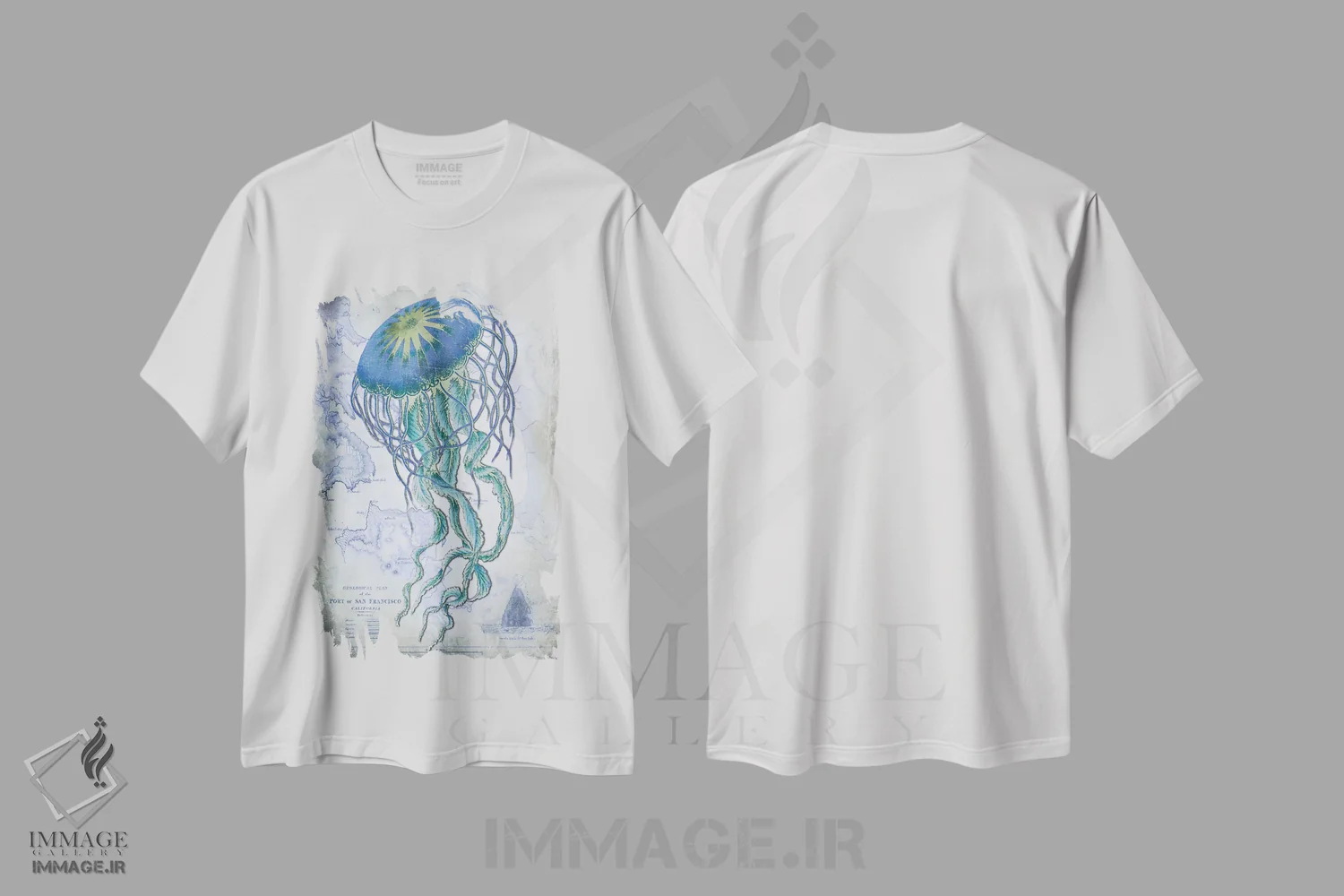 تیشرت سفید طرح دار عروس دریایی بر روی نقشه دریایی، هنر دیجیتال اثر فب فانکی | immage.ir