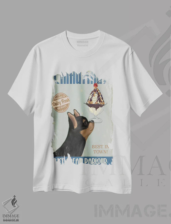 تیشرت سفید طرح دار چی واوا سیاه و زنجفیلی، بستنی، هنر دیجیتال اثر فب فانکی | immage.ir