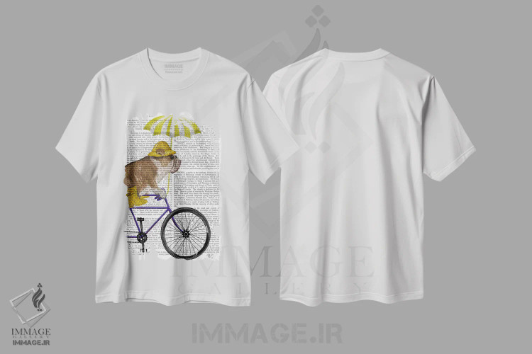 تیشرت سفید طرح دار بولداگ انگلیسی روی دوچرخه، پس زمینه چاپی، هنر دیجیتال اثر فب فانکی | فروشگاه ایماژ