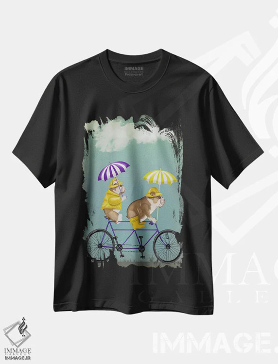 تیشرت مشکی طرح دار بولداگ انگلیسی روی دوچرخه دونفره، هنر دیجیتال اثر فب فانکی | فروشگاه ایماژ