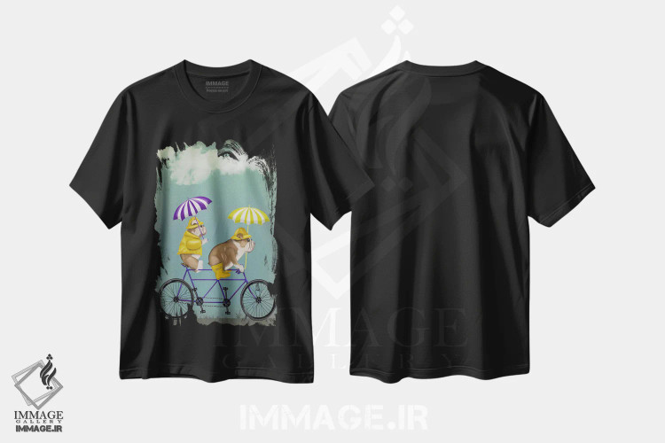 تیشرت مشکی طرح دار بولداگ انگلیسی روی دوچرخه دونفره، هنر دیجیتال اثر فب فانکی | فروشگاه ایماژ