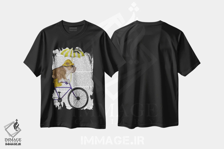 تیشرت مشکی طرح دار بولداگ انگلیسی روی دوچرخه، پس زمینه چاپی، هنر دیجیتال اثر فب فانکی | immage.ir