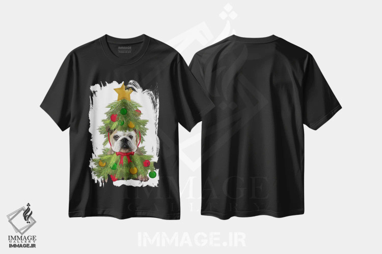 تیشرت مشکی طرح دار بولداگ انگلیسی با لباس درخت کریسمس، حیوانات کریسمسی اثر فب فانکی | immage.ir