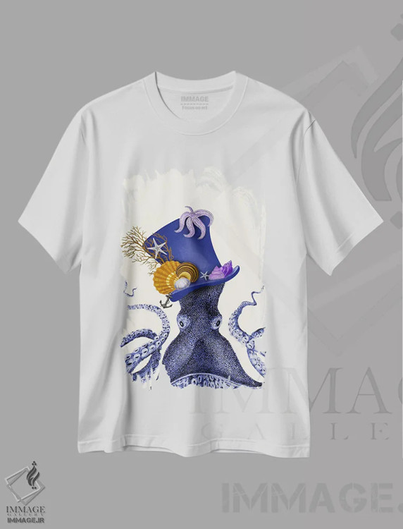 تیشرت سفید طرح دار اختاپوس با کلاه ملوانی، تزئینی اثر فب فانکی | فروشگاه ایماژ