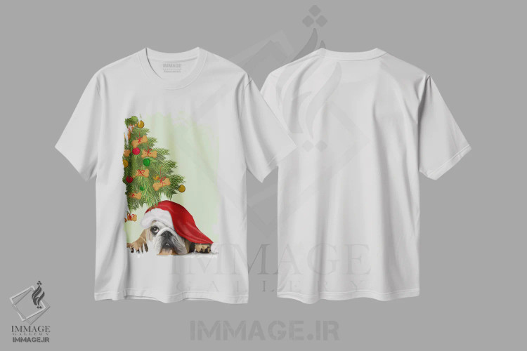 تیشرت سفید طرح دار بولداگ انگلیسی با درخت کلوچه، حیوانات کریسمسی اثر فب فانکی | immage.ir