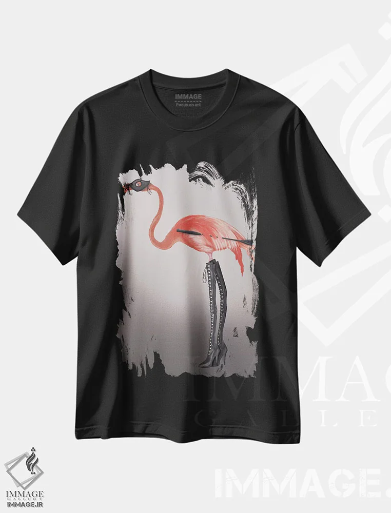 تیشرت مشکی طرح دار فلامینگو با چکمه های خاص، هنر دیجیتال اثر فب فانکی | فروشگاه ایماژ