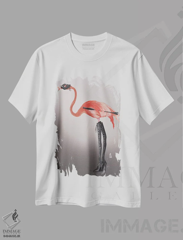 تیشرت سفید طرح دار فلامینگو با چکمه های خاص، هنر دیجیتال اثر فب فانکی | immage.ir