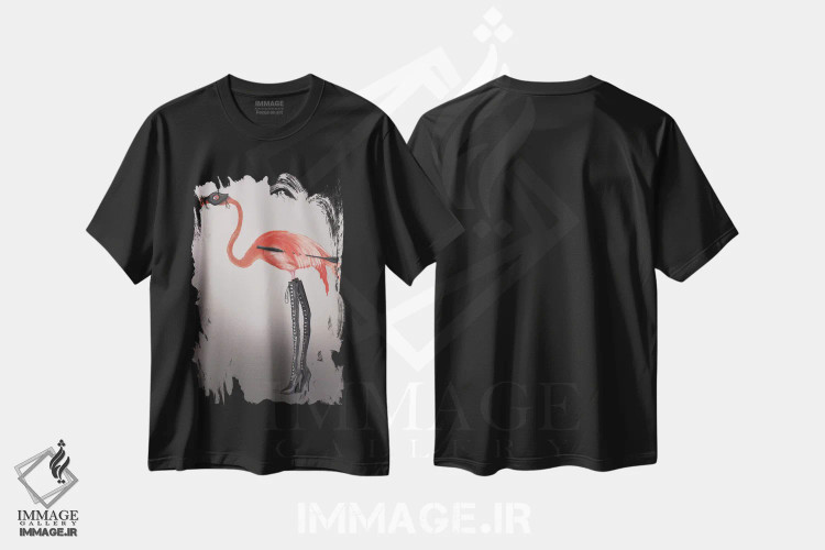 تیشرت مشکی طرح دار فلامینگو با چکمه های خاص، هنر دیجیتال اثر فب فانکی | فروشگاه ایماژ