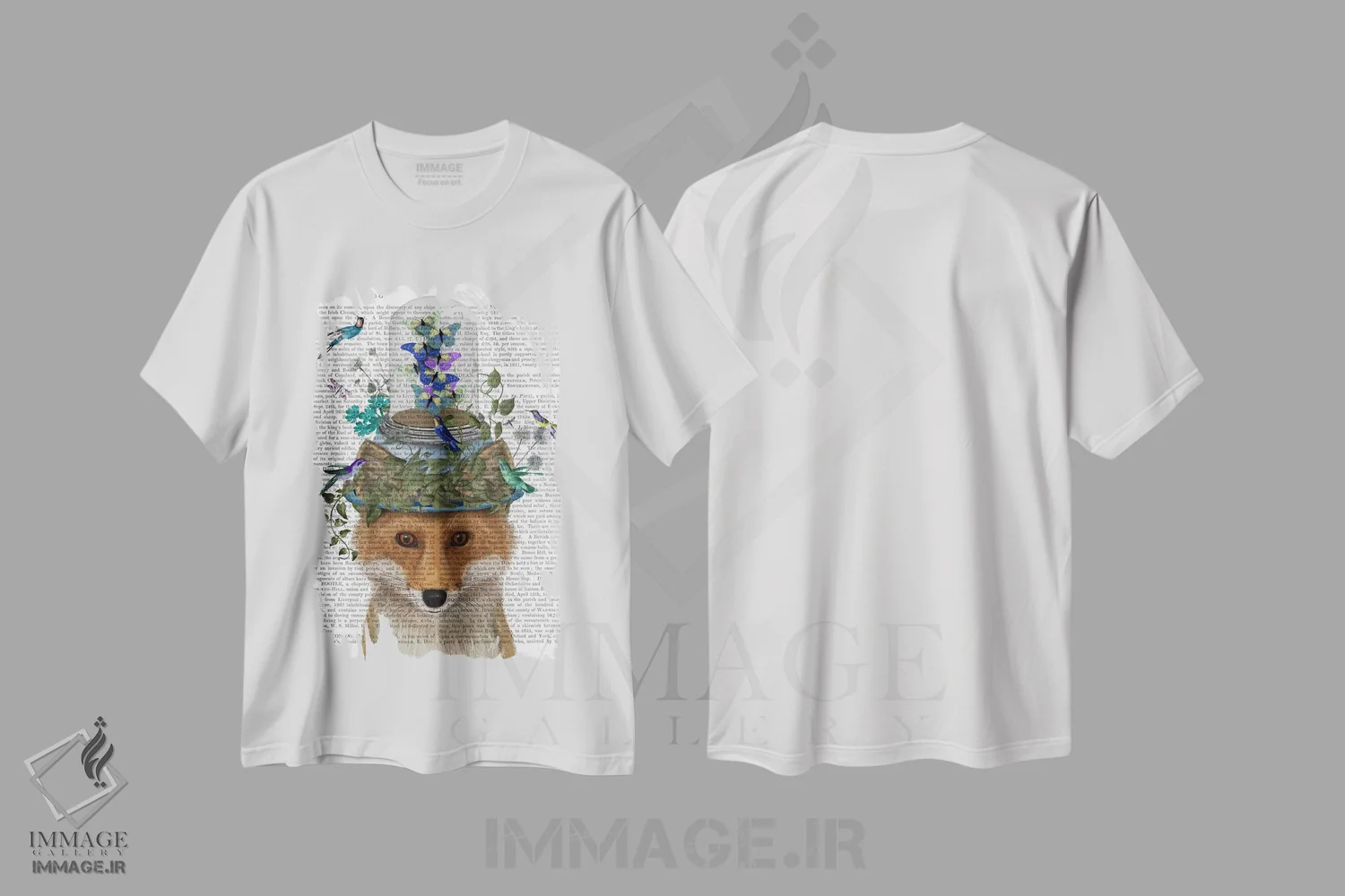 تیشرت سفید طرح دار روباه با شیشه ی پروانه، پس زمینه چاپی، هنر دیجیتال اثر فب فانکی | فروشگاه ایماژ