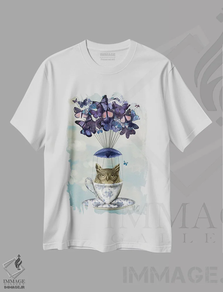 تیشرت سفید طرح دار جغد در فنجان چای، هنر دیجیتال اثر فب فانکی | immage.ir