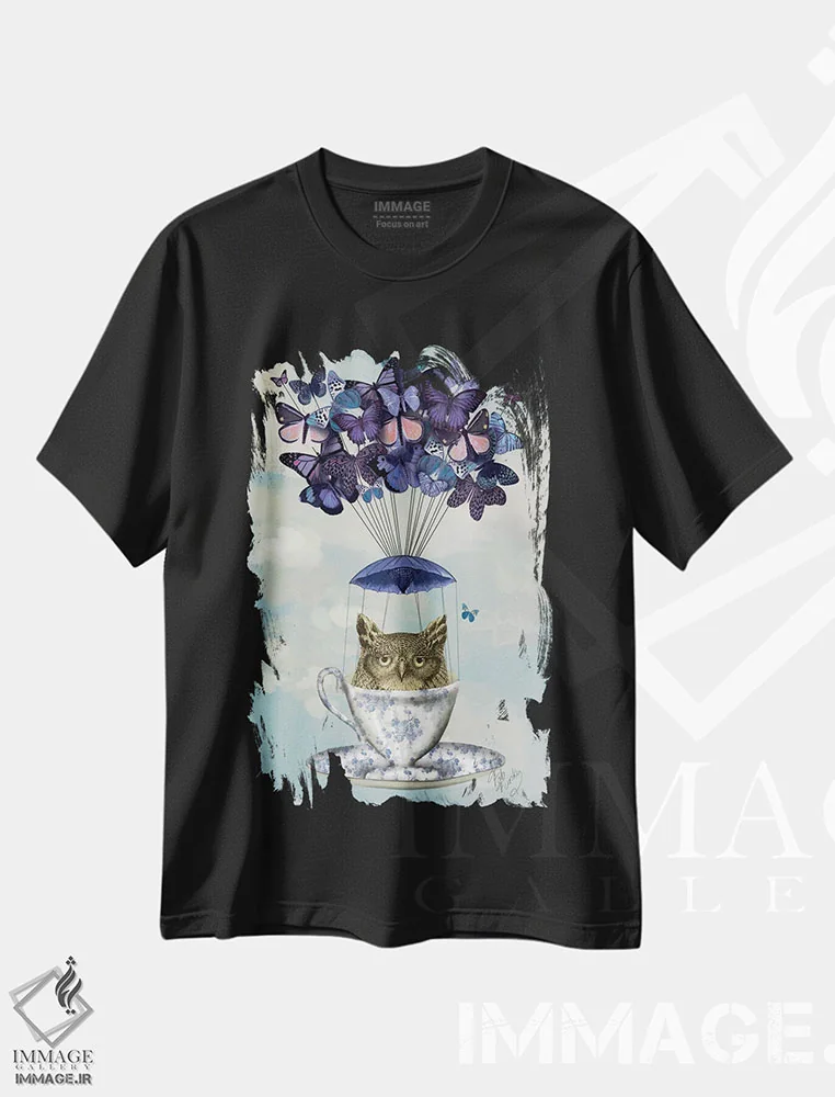 تیشرت مشکی طرح دار جغد در فنجان چای، هنر دیجیتال اثر فب فانکی | فروشگاه ایماژ