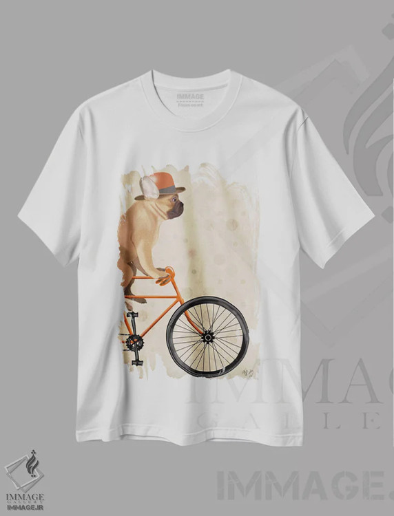 تیشرت سفید طرح دار بولداگ فرانسوی روی دوچرخه، هنر دیجیتال اثر فب فانکی | فروشگاه ایماژ