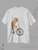 تیشرت سفید طرح دار بولداگ فرانسوی روی دوچرخه، پس زمینه چاپی، هنر دیجیتال اثر فب فانکی | immage.ir